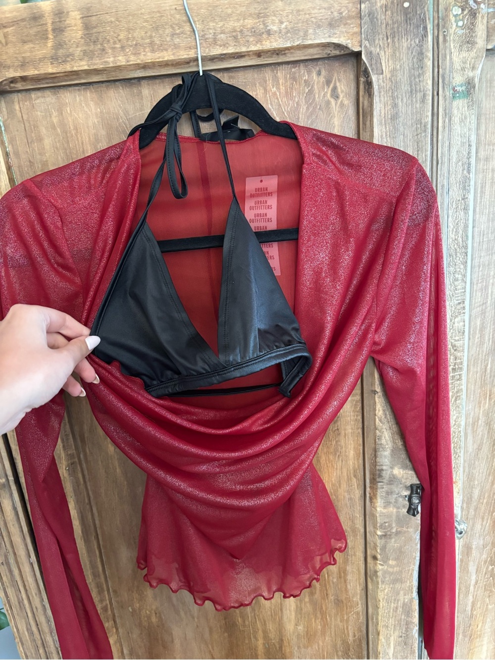 Urban Outfitters Red Sheer Drape Front Long Sleeve Top with Black Halter Liner